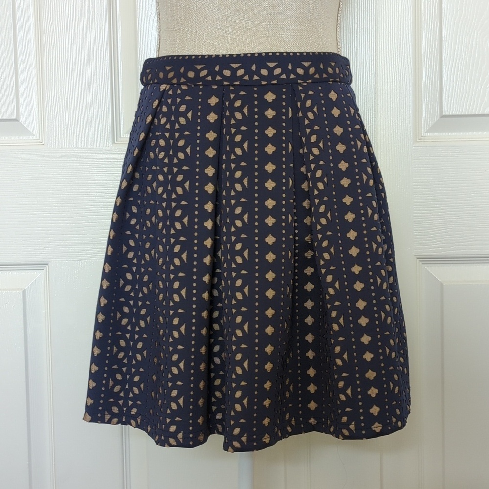 Blue Rain Navy and Tan Geometric Laser Cutout Mini Skirt